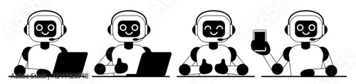 Set of illustration of chat bot in line style. AI servers technology. Cute mascot in various pose. Help assistance, artificial intelligence support device. 