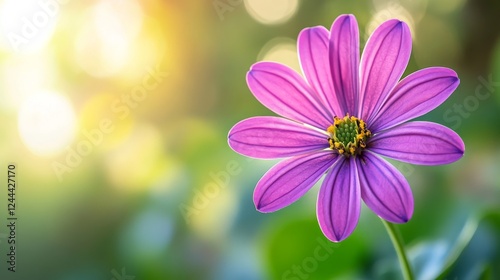 A simple and minimalist image of a single lilac flower with vibrant petals, placed against a soft, blurred background of greenery to highlight its natural beauty.