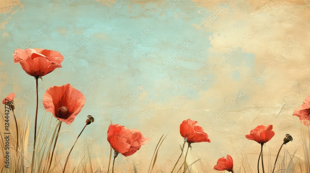 Obraz premium Remembrance theme with red poppies against a vintage artistic background. Horizontal banner. Copy space. Memorial Poppy. Remembrance Day, Anzac, Veterans Day. Stop war concept