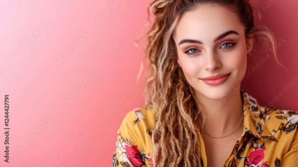 Smiling young caucasian female with dreadlocks against pink background Smiling young caucasian female with dreadlocks against pink background