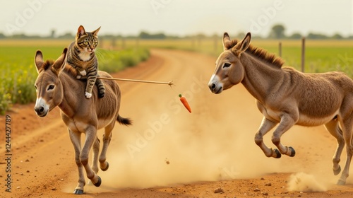Adventurous cat riding two donkeys chasing a carrot on a rural dirt road with a sunny backdrop