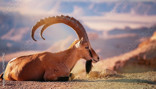 Majestic Ibex Grazing Against Red Rock Canyons Serene Moment in Mitzpe Ramon Deserts Sunlit Hues, Showcasing Wildlife in Israels Picturesque Townscape.
