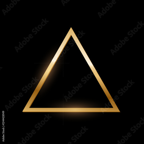 Golden triangle photo frame on black background. Gold button. Blank space for picture, painting, card. 3d realistic empty template vector illustration. Simple object mockup.