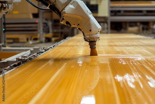 Robotic arm applying varnish on wooden surface in modern factory photo