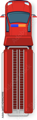 Illustration of a red combine harvester from a top down perspective, showcasing its detailed machinery and design. The vehicle is designed for efficient crop harvesting
