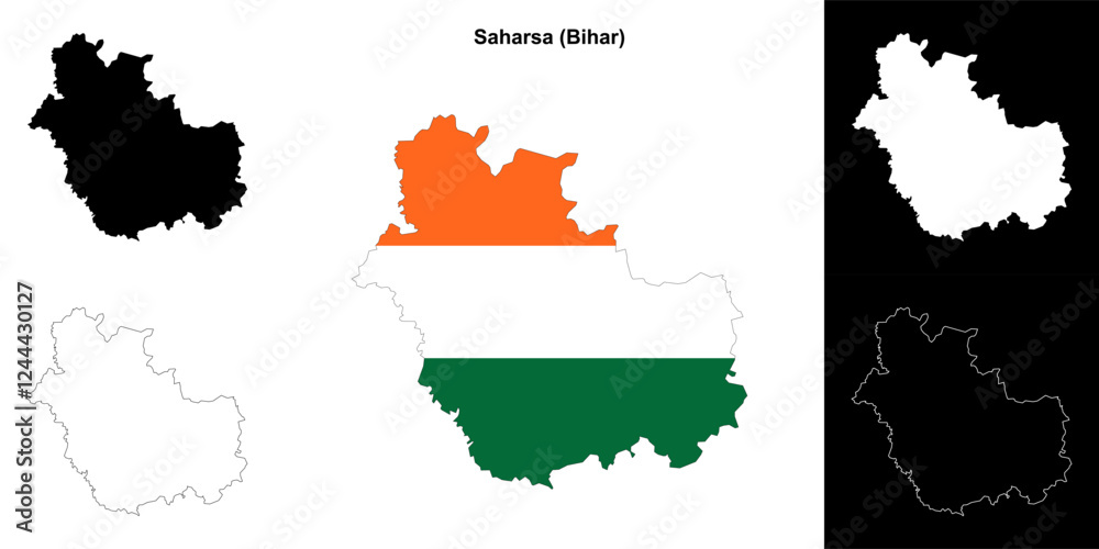 Fototapeta premium Saharsa district (Bihar) blank outline map set