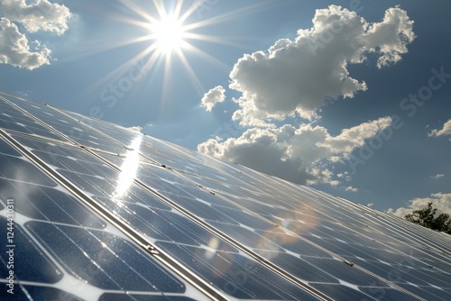 A solar panel framed against a blue sky with the sun setting, embodying the concept of clean energy and electric alternatives powered by nature