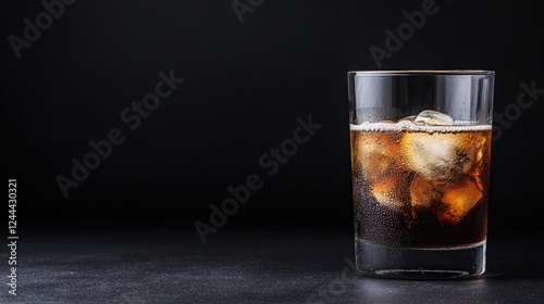Iced dark drink in glass on black background