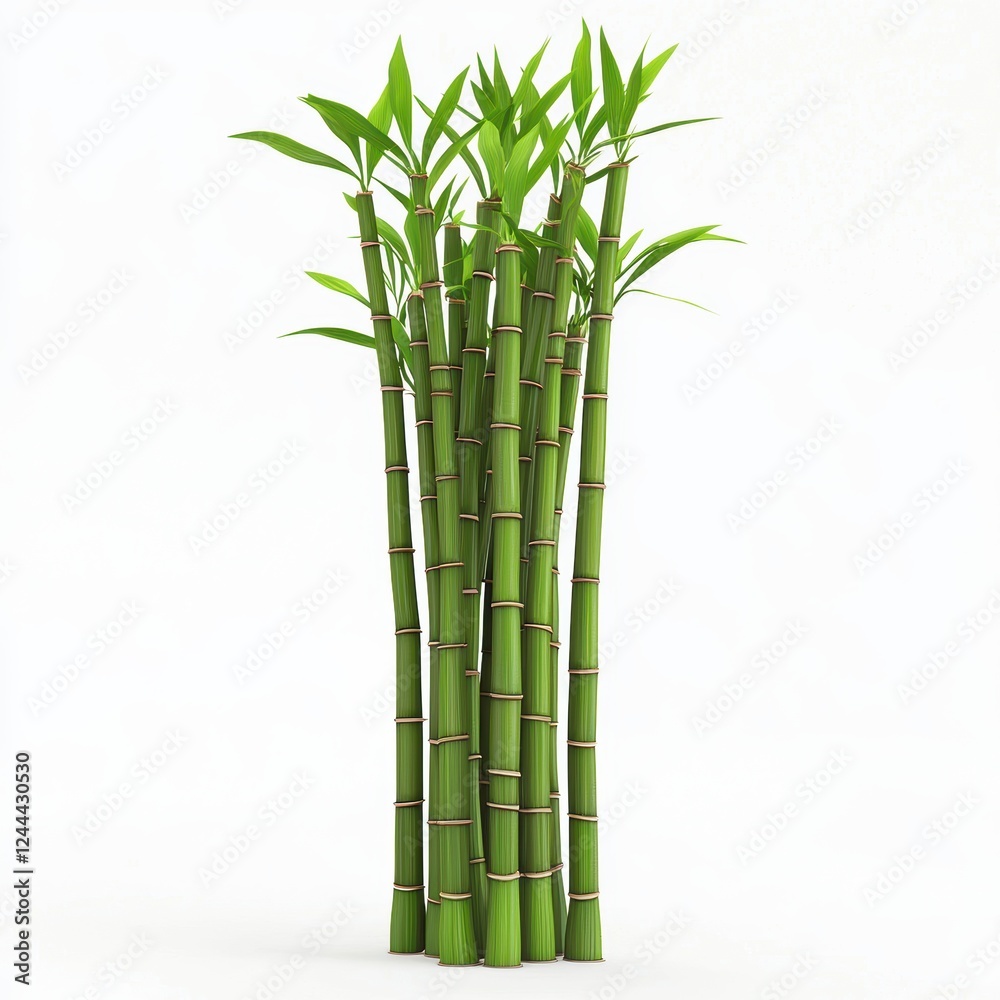 Obraz premium Tall bamboo stalks with fresh green leaves, symbolizing growth and harmony, isolated on white background