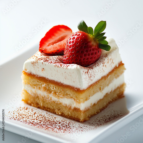 Frischer Erdbeerkuchen mit Sahne und Schokoladenspänen dekoriert

 photo