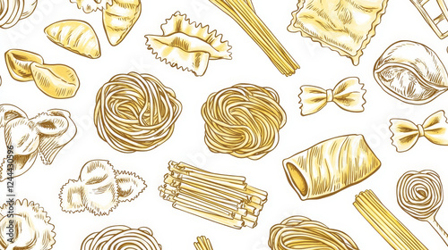 Pasta seamless pattern sketch design of Italian pasta sorts and names. Vector farfalle, ravioli and konkiloni or spaghetti, lasagna, pappardelle and fettuccine or tagliatelle for restaurant photo