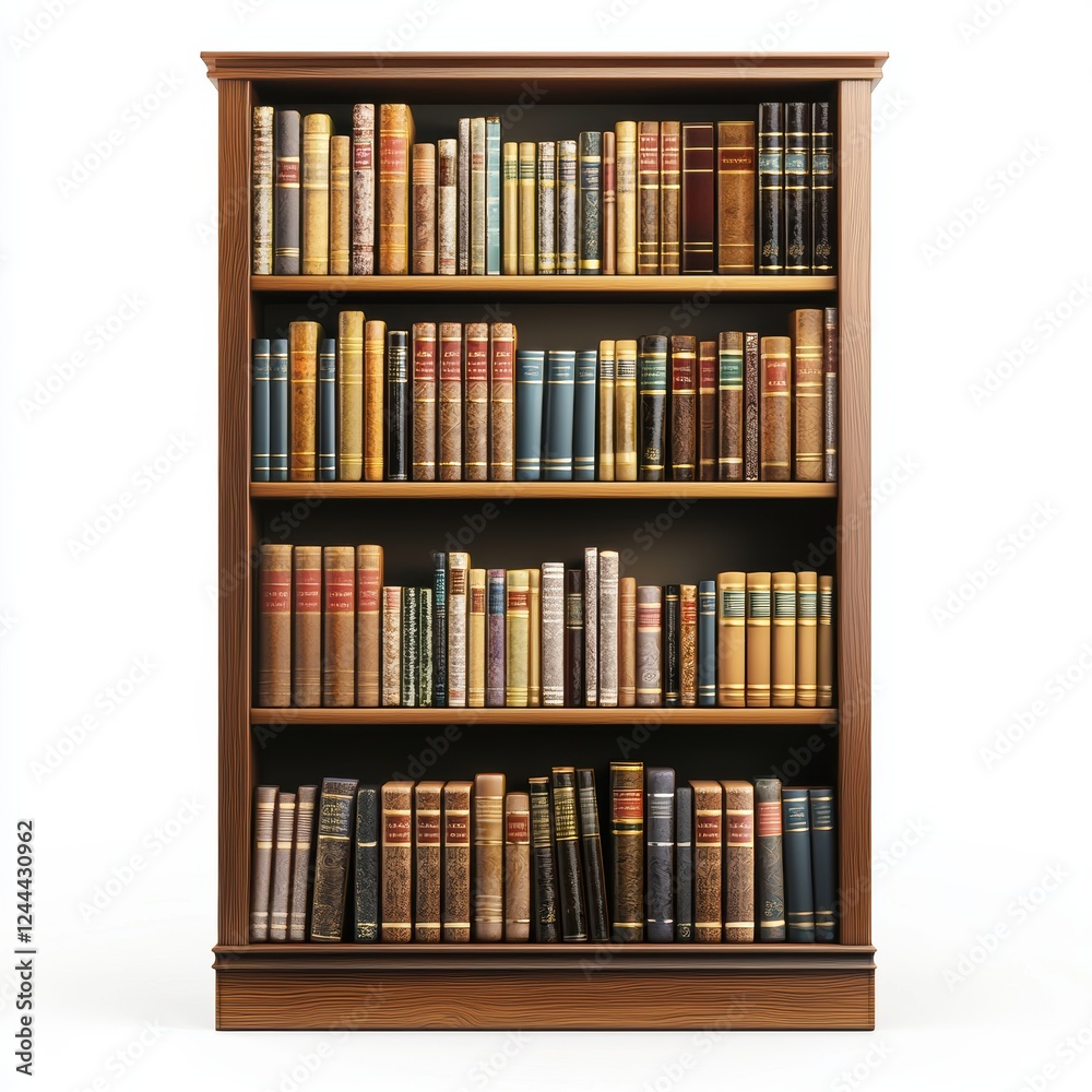 tall bookshelf filled with books, isolated on a white background tall bookshelf filled with books, isolated on a white background
