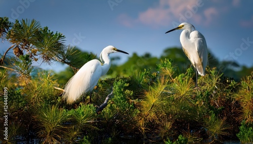 Enchanting Snowy Egret Amidst Tropical Wetlands at Crooked Tree Wildlife Sanctuary in Belize A Serene Moment Captured Against a Backdrop of Lush Green Mangroves and Azure Skies. photo