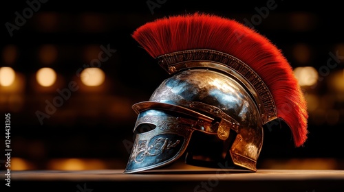 An artistic interpretation of an old Roman gladiator helmet with a vibrant red crest, representing the power and glory associated with ancient warriors and their combative endeavors. photo