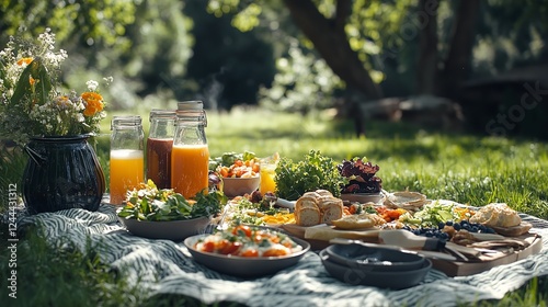 Serene Outdoor Picnic with Blanket, Colorful Salads, Fresh Juices, and Wholesome Meals photo