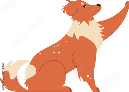 Illustration of a friendly collie dog with a raised paw, showcasing its fluffy coat and attentive expression. Perfect for pet related designs and animal themed projects