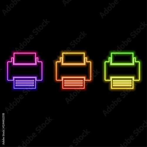 Glowing neon smart printer system icon isolated on brick wall background. Concept of internet of things with wireless connection. Vector