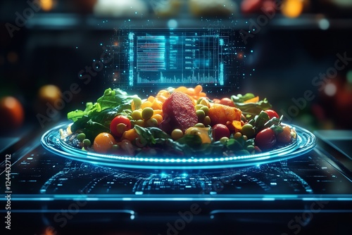 Futuristic Plate Displaying Nutritional Values Above Meal, Highlighting Technology in Wellness photo