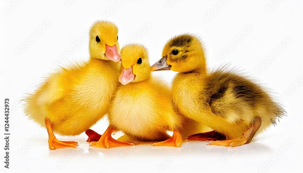 Three adorable ducklings gathered together in a playful moment indoors on a white background Three adorable ducklings gathered together in a playful moment indoors on a white background