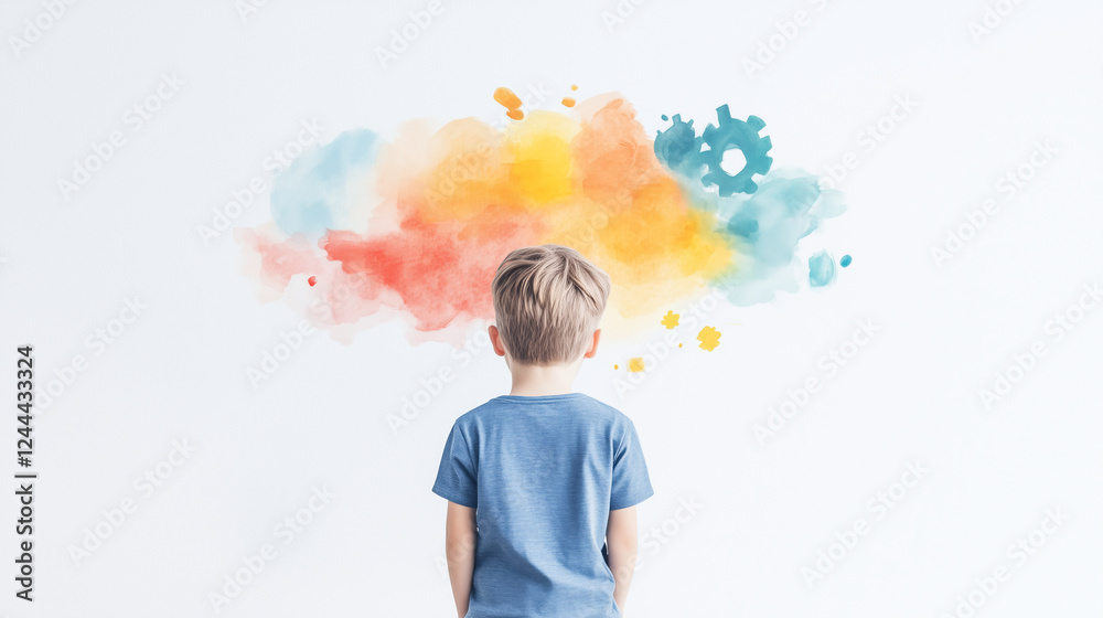 Young boy in blue shirt stands facing colorful abstract watercolor cloud with gears, symbolizing imagination and mental health. Concept of childhood thoughts and emotions Young boy in blue shirt stands facing colorful abstract watercolor cloud with gears, symbolizing imagination and mental health. Concept of childhood thoughts and emotions