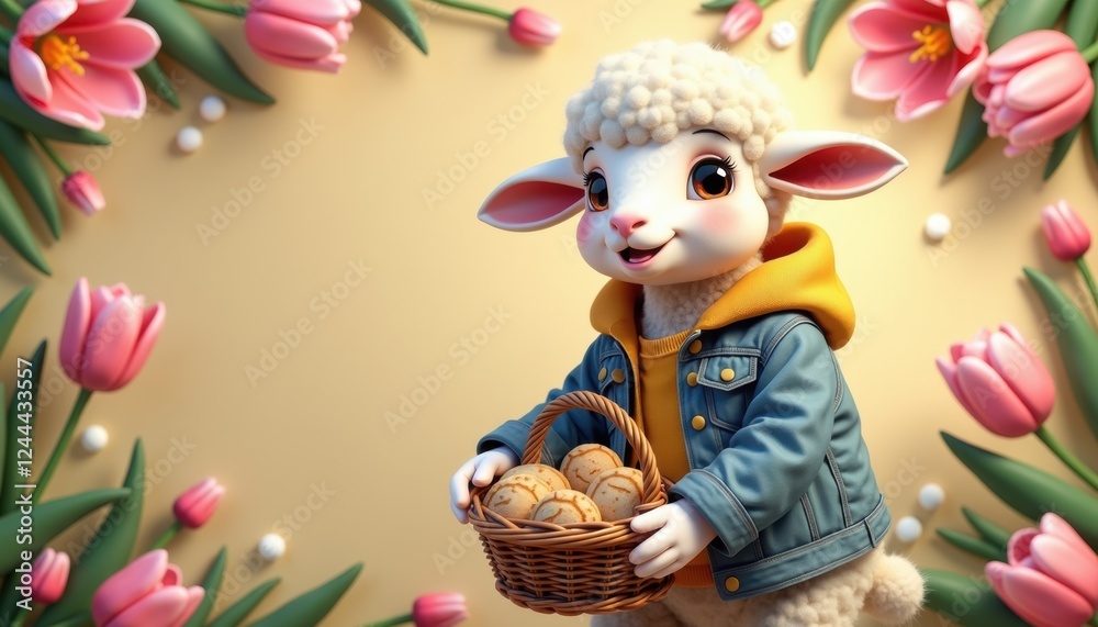 Naklejka premium Cute Easter lamb in casual jacket holding Easter basket with cookies against warm beige background with floral frame of blooming tulips and copy space