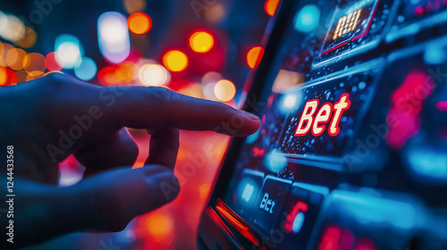 Finger pressing Bet button on digital gambling machine in casino, illuminated by vibrant neon lights, representing online betting