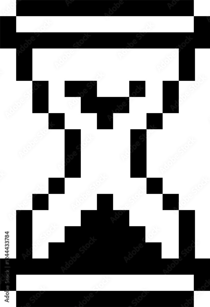 Black and white pixel art representing an hourglass, evoking a retro video game aesthetic and symbolizing the passage of time or a countdown Black and white pixel art representing an hourglass, evoking a retro video game aesthetic and symbolizing the passage of time or a countdown
