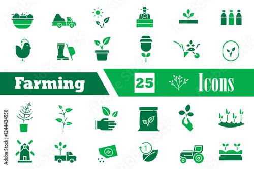 Farming editable icons set. Organic farm product, vegan and bio, natural farming symbol. Farm products, animals, equipment, domestic Cattle, Chicken, Windmill, Wheat, Corn, Harvesting, farming. 