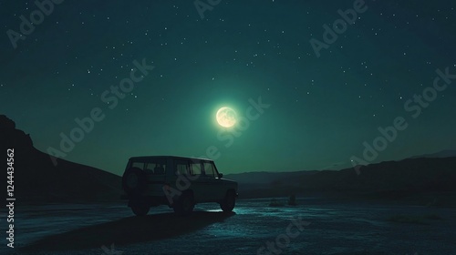 A tranquil night landscape featuring a lone vehicle silhouetted against a luminous moon, surrounded by a starry sky and captivating mountain backdrop. photo