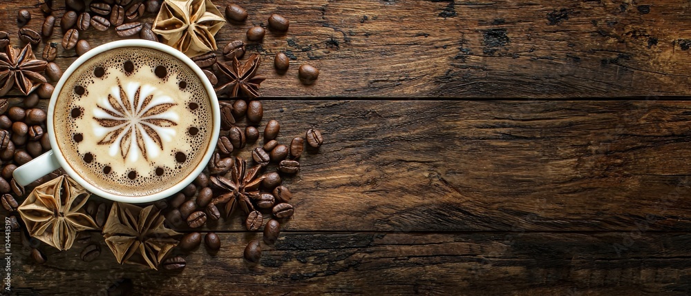 Aromatic coffee with latte art, surrounded by roasted beans and star anise on a rustic wooden surface. Enjoy the rich aroma and flavors! Aromatic coffee with latte art, surrounded by roasted beans and star anise on a rustic wooden surface. Enjoy the rich aroma and flavors!