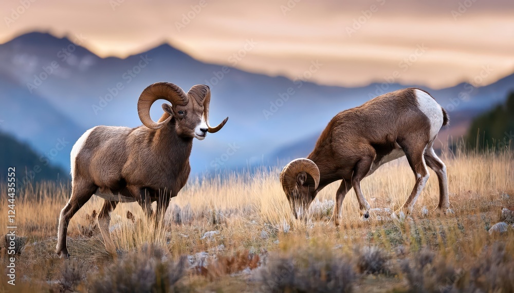 Striking Bighorn Sheep Grazing Against a Snowy Backdrop in the Majestic Landscape of Gardiner, Montana, Showcasing the Wilderness Beauty and Serenity. Striking Bighorn Sheep Grazing Against a Snowy Backdrop in the Majestic Landscape of Gardiner, Montana, Showcasing the Wilderness Beauty and Serenity.