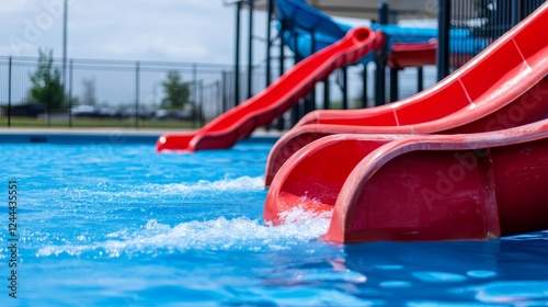 Vibrant red water slides curving into a sparkling blue pool under a sunny sky with playful splashes photo