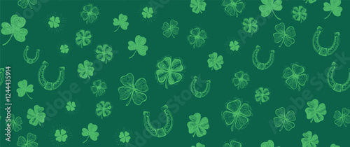 St. Patricks Day, clover pattern on green. Hand drawn illustrations	