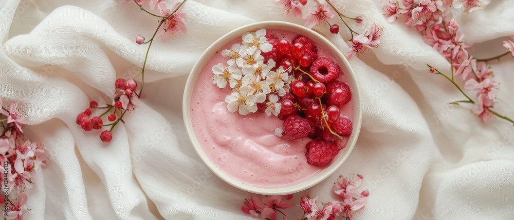 Pink smoothie bowl topped with fresh raspberries, red currants, and delicate blossoms. Pink smoothie bowl topped with fresh raspberries, red currants, and delicate blossoms.