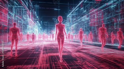 A futuristic cyber city filled with glowing neon wireframe avatars, symbolizing artificial intelligence, virtual reality, and the interconnected digital world of the metaverse and cyberspace. photo