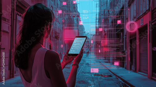 A woman using a smartphone in a cyberpunk city interacts with a holographic digital interface displaying futuristic social media, messages, and real-time data in a high-tech augmented reality setting. photo
