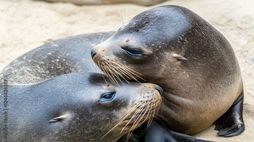 Obraz premium Close-up of sea lions resting on sandy beach wildlife photography. International Seal Day