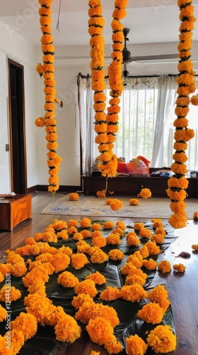 Home decorated with marigold garlands for festival celebration. Holika Dahana photo