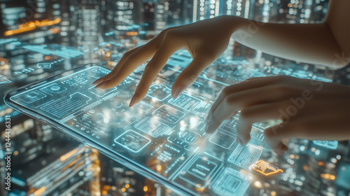 A user interacts with a glowing holographic touchscreen in a futuristic cyber city, displaying advanced digital applications, real-time data, and smart technology in a high-tech environment. photo