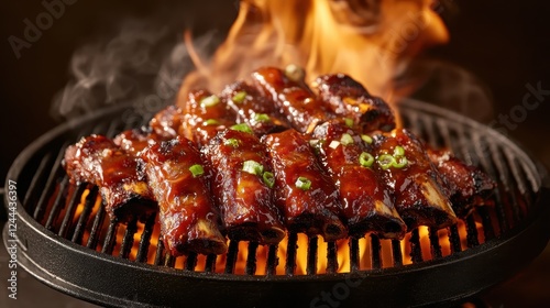 Succulent barbecue ribs sizzling on the grill, surrounded by a tantalizing flame and glaze, represent the ultimate indulgence in culinary delight and vibrant flavors. photo