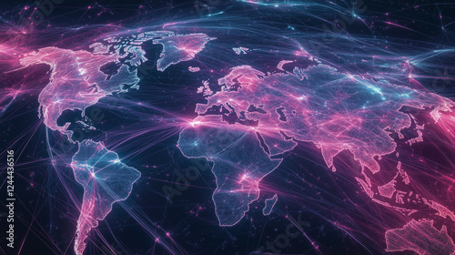 A high-tech digital world map with neon-style glowing connections represents global communication, data flow, and technological networks in a futuristic and interconnected cyber concept. photo