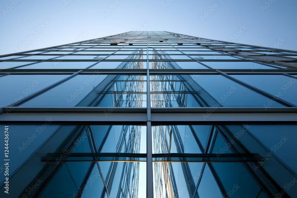 Obraz premium Bottom-up perspective of high-rise reflective buildings representing a modern urban business district