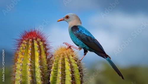 Vivid Desert Sunset with a Campylorhynchus yucatanicus perched on a Prickly Cactus, Capturing the Spirit of Southwestern Wildlife and Landscape photo