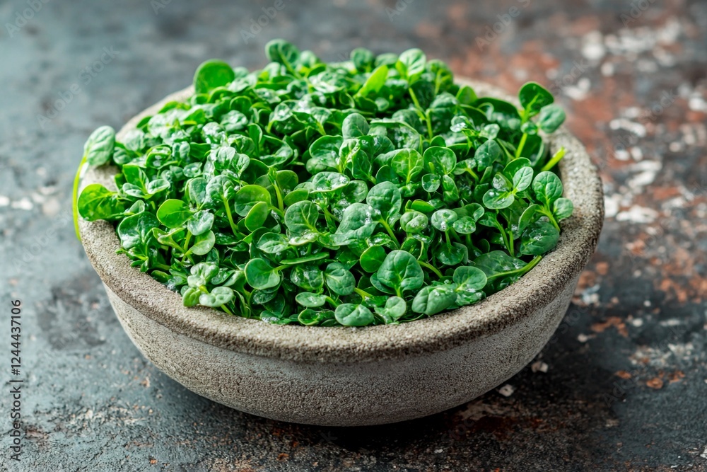Freshly harvested microgreens in a decorative bowl on a rustic tabletop Freshly harvested microgreens in a decorative bowl on a rustic tabletop