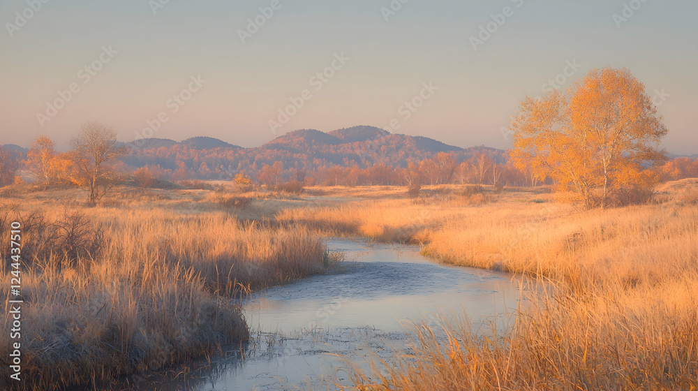 Fototapeta premium Autumn River Landscape Sunrise over golden meadow, calm river flowing through, misty mountains background. Ideal for nature, travel, and seasonal design