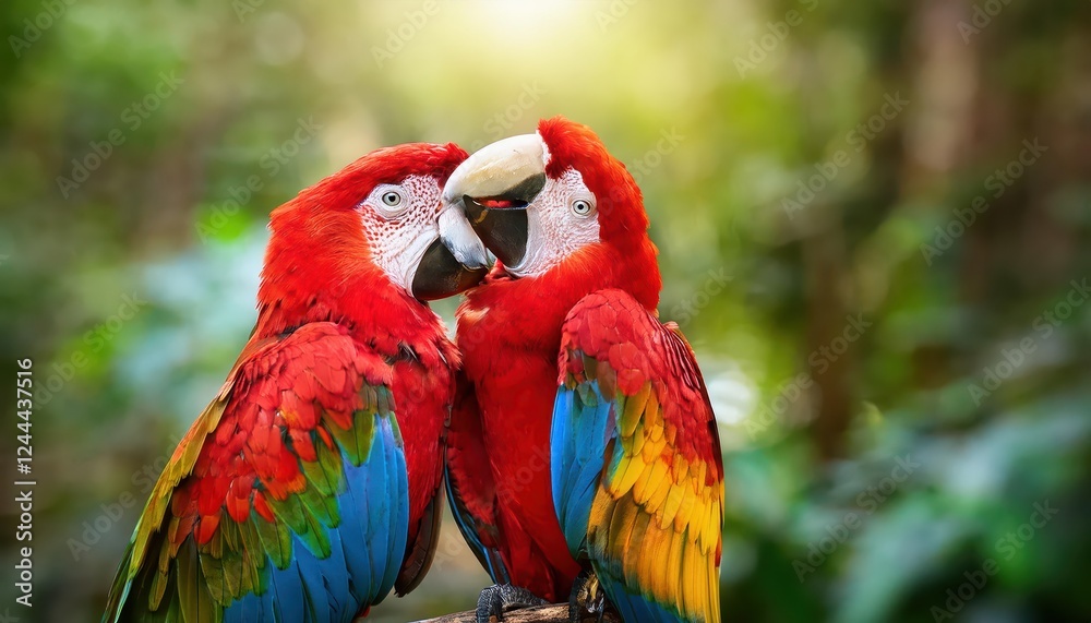 Vivid and Majestic Two Scarlet Macaws Amidst a Tropical Rainforest Backdrop, Perched High Above the Canopy Vivid and Majestic Two Scarlet Macaws Amidst a Tropical Rainforest Backdrop, Perched High Above the Canopy