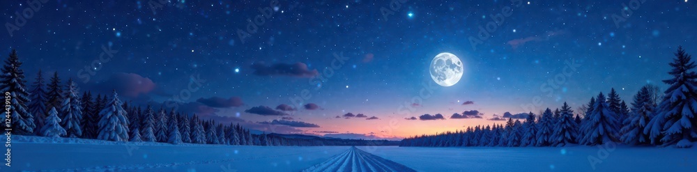 Fototapeta premium Winter night sky with stars, moon, and a festive horizon, winter, sky