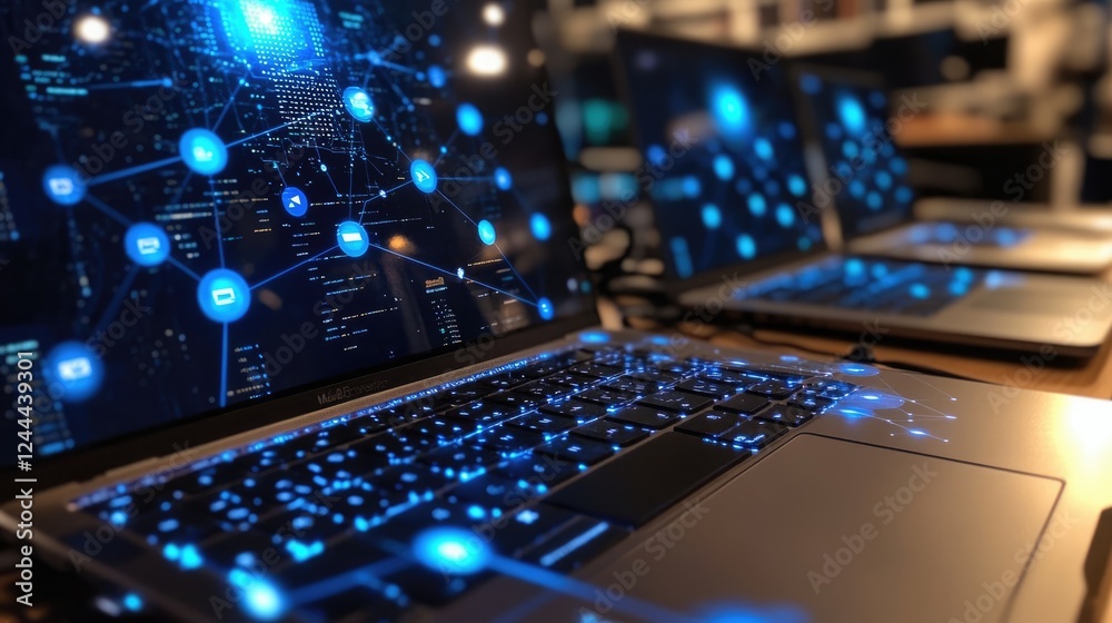 A close-up of laptops displaying a futuristic network interface with glowing connections. A close-up of laptops displaying a futuristic network interface with glowing connections.