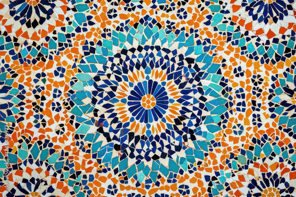 Detailed Moroccan zellige tile mosaic with radial symmetry Detailed Moroccan zellige tile mosaic with radial symmetry