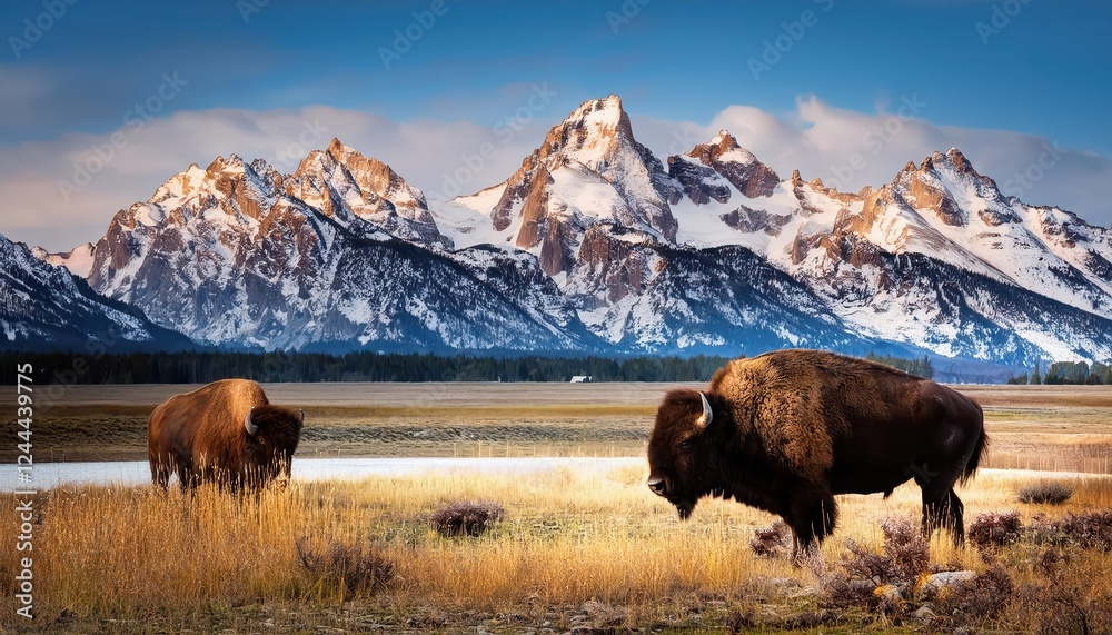 Majestic Bison Grazing Peacefully amidst the Majestic Teton Mountain Range at Dusk, Showcasing the Serene Beauty of the American Wilderness. Majestic Bison Grazing Peacefully amidst the Majestic Teton Mountain Range at Dusk, Showcasing the Serene Beauty of the American Wilderness.